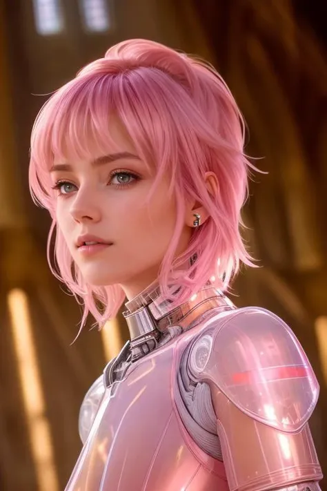 raw photo, (masterpiece:1.0), (highest quality:1.12), (HDR:1.0), stunningly beautiful biomechanical lean female semi-cyborg, ultra detailed face, ultra detailed hair, short pink hair, (wearing a (translucent:1.2) organza | with silicon skin | iron details | iron cyborg skeleton body), close-up, (highly detailed spaceship | sci-fi) environment, (majestic epic composition | dynamic pose), depth of field, medium shot, ( (warm light:1.1) | (rim light:1.2) ), cinematic, (highly detailed | Maximum clarity and sharpness), smooth clear skin,, Photorealistic, Hyper-realistic, Hyperdetailed, analog style, matte skin, soft lighting, subsurface scattering, realistic, heavy shadow, masterpiece, best quality, ultra realistic, 8k, golden ratio, Intricate, High Detail, film photography, soft focus