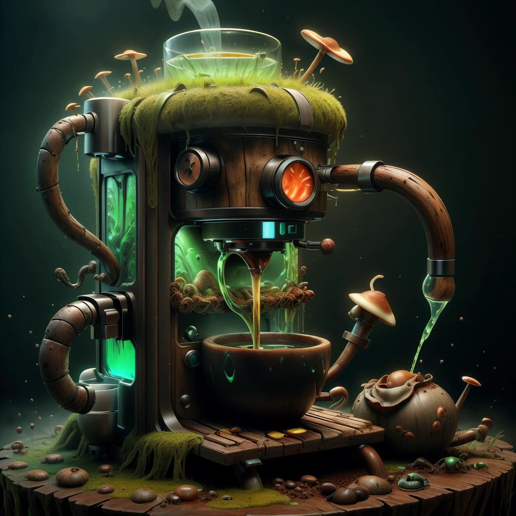 <lora:ExoBioTech-20:0.7> exobiotech, bio, scifi, <lora:RottenTech:0.3> rottentech, biohazard, filthy, <lora:FaeTech:0.2> faetech, wood,
coffee machine, pouring liquid, coffee mug,
from MY SWAMP donkey , my swamp land