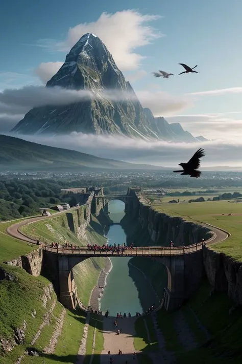 A highly detailed digital matte painting, of a vast mountain with a city covering the sides of it, a rope bridge leads from the camera's POV to the city, Lord of the Rings landscape scenery, style of Jeff Easley and James Gurney, perfect composition, epic, stirring, banners, riders, towers, a flight of crows, dramatic, memorable, masterpiece