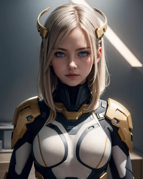 (masterpiece:1.1), (highest quality:1.1), (HDR:1.0), ultra detail, 1girl, hair intakes, hair bobbles, looking at viewer, glowing eyes, white hair, gold eyes, bodysuit, halo