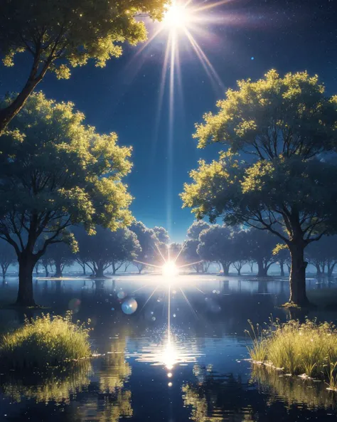 masterpiece, best quality, extremely detailed cg unity 8k wallpaper, scenery, no humans, bubble, sky, nature, tree, star (sky), blue theme, forest, night, outdoors, signature, starry sky, night sky, cloud, air bubble, underwater, artist name, water, fantasy, moon, cloudy sky, water drop, blue sky, planet, reflection, sunlight, light rays, blurry, light particles