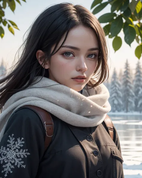 (masterpiece:1.1), (highest quality:1.1), (HDR:1.0), flat colors, warm lights, (intricate details:1.12), "wildflowers", (white background:1.5), almond-shaped eyes, the temple is in the forest, (ultra highres), chromatic aberration, wearing a long flowing lace scarf, (frozen lake:1.1), ruins, (ultra_detailed:1.3), black hair, red clothes, perfect face, Fujifilm XT3, bokeh, (Imladris, ultra quality), extremely detailed, impressionist, uhd, highly detailed, high quality, scene detail extreme objects, (artstation:1.2), anime scenes