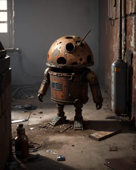 (masterpiece:1.1), (highest quality:1.1), (HDR:1.0), closeup of a rusted android in a corner of a basement, looking down, desolated, sad, sitting, concept art, character design, Unreal engine, vray, volumetric fog, sunbeam, insanely detailed, weathered, corroded, oxidized, rusted, decayed, flaking paint, vignette