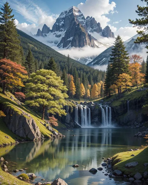 (masterpiece:1.1), (highest quality:1.1), (HDR:1.0), highly detailed, chinese ink painting, colorful ink painting, mountain, waterfall, lake, tree