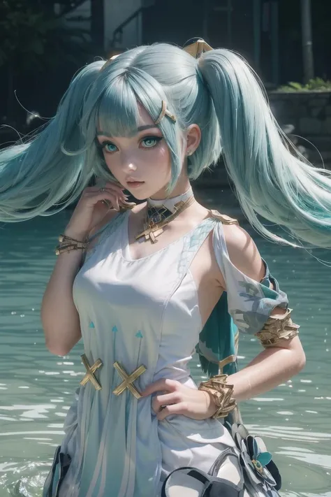 (best quality, masterpiece, RAW photo,ultra-detailed:1.2), 1girl, solo,
hair ornament, green hair, twintails, long hair, dress, water, (colorful aqua eyes:1.2), (odd eye:1.5),
<lora:faruzanGenshinImpact_v10:1>