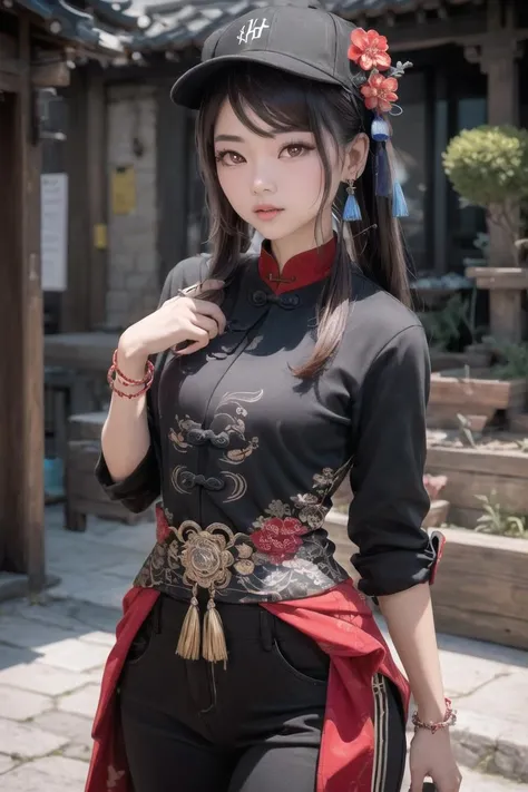 (best quality, masterpiece, RAW photo,ultra-detailed:1.2), 1girl, solo, black nails, rings, jewelry,
(hu tao(genshin impact):1.2), symbol shaped pupils, hat, (colorful red eyes:1.3), twintails, brown hair, symbol-shaped pupils, long hair, bangs, flower-shaped pupils, hair between eyes, chinese clothes, (whale tail \(clothing\):1.2), pants,
<lora:huTaoGenshinImpact_v12:0.8>