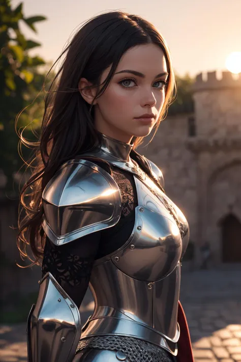 (masterpiece), (extremely intricate:1.3), (realistic), portrait of a girl, the most beautiful in the world, (medieval armor), metal reflections, upper body, outdoors, intense sunlight, far away castle, professional photograph of a stunning woman detailed, sharp focus, dramatic, award winning, cinematic lighting, , volumetrics dtx, (film grain, blurry background, blurry foreground, bokeh, depth of field, sunset,interaction, Perfectchainmail