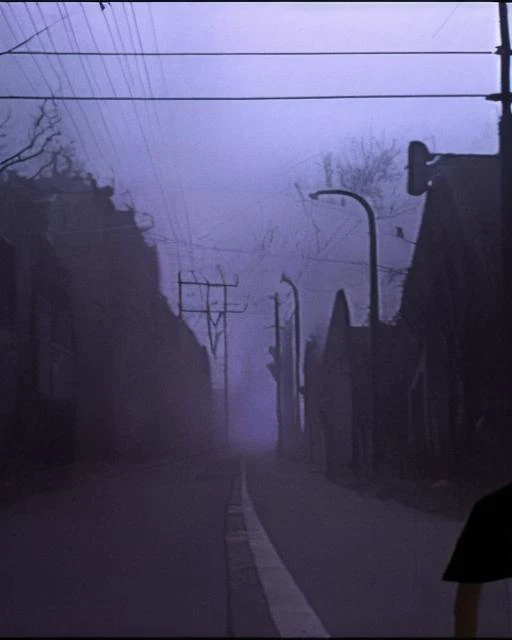 SNVHS, terrifying dark figure walking through a dark street, dark, mildly foggy, VHS, found footage, still from a horror film