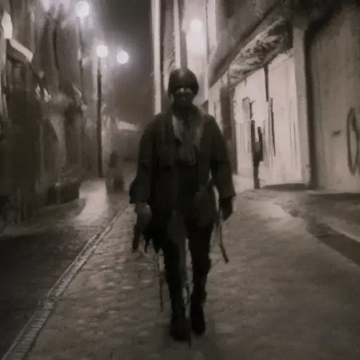 SNVHS, terrifying dark soviet soldier walking through a dark street, dark, mildly foggy, VHS, found footage, still from a horror film