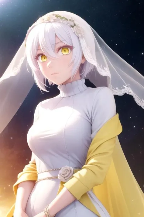 masterpiece, best quality, photorealistic, 1girl, solo, looking at viewer, , , , , <lora:jeanne_vanitas_no_karte:0.66>, jeanne_vanitas_no_karte, white hair, yellow eyes, sweatshirt, wedding veil, science fiction time travel,