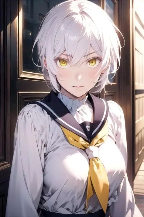 masterpiece, best quality, , 1girl, solo, looking at viewer, upper body, , ligne claire, realistic, <lora:jeanne_vanitas_no_karte:0.68>, jeanne_vanitas_no_karte, white hair, yellow eyes, school girl costume, storage room,