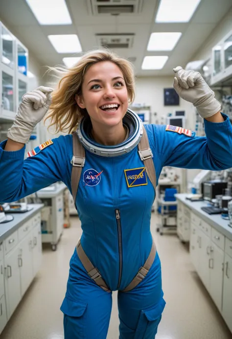 (medium full shot) of (fearless astronaut) young woman, brazilian, brown eyes, tan skin, tan skin, blue eyes, lithe build, blonde hair,  wearing a blue space suit, helmet, EVA gloves,space boots, wrist computer, set in  Space Station, Laboratory, sterile environment with lab benches, microscopes, test tubes, centrifuges, storage cabinets, scientific equipment, at sunset, woman laughing, jumping in the air, Masterpiece,best quality, photorealistic, amazing quality, very aesthetic, extremely detailed face,