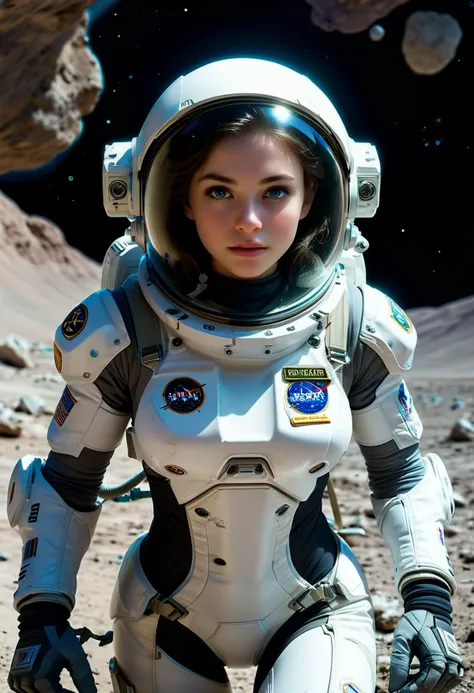 (medium full shot) of (heroic astronaut) young woman, russian, blue eyes, fair skin, tall,, tan skin, olive green eyes, petite build, dark hair,  wearing a gray mission suit, helmet, pressurized gloves,anti-gravity boots, mission patch, set in  Planet Surface, Exploration Zone, rovers and exploration tools, visible geological formations, samples being collected, astronauts in EVA suits , woman surprised, open mouth, running toward the viewer, ,Masterpiece,best quality, photorealistic, amazing quality, very aesthetic, extremely detailed face,