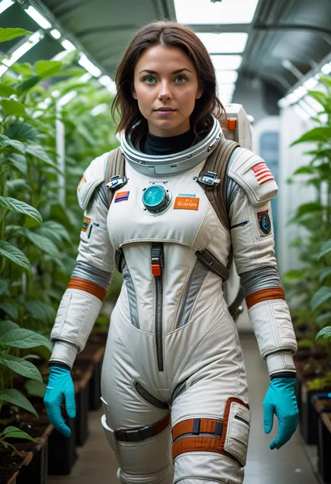 (medium full shot) of (brave astronaut) young woman, french, bright green eyes, light skin, tan skin, turquoise eyes, tiny build, dark hair,  wearing a silver mission suit,  pressurized gloves,reinforced boots, space gloves, set in  Mars Colony, Hydroponics Lab, rows of plants grown in nutrient-rich solutions, artificial lighting, climate control systems, water recycling units, monitoring systems, at sunset, woman surprised, open mouth, running toward the viewer, Masterpiece,best quality, photorealistic, amazing quality, very aesthetic, extremely detailed face,