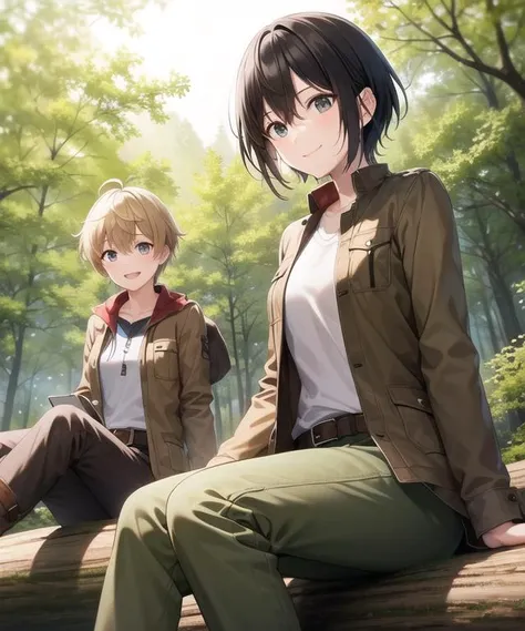 ((best quality)), two tomboys camping in the woods, sitting on log, pixie cut, jacket, brown pants, boots, belt, happy, smile, Beautiful Lighting