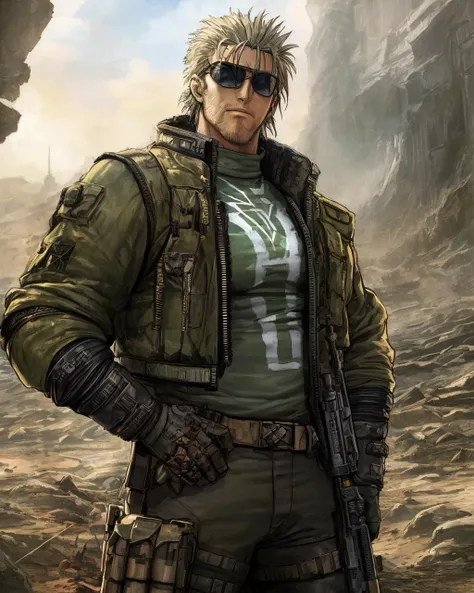 (masterpiece) HDR portrait of a rugged futuristic wasteland mercenary, dynamic pose, sunglasses, inspired by Hunter x Hunter