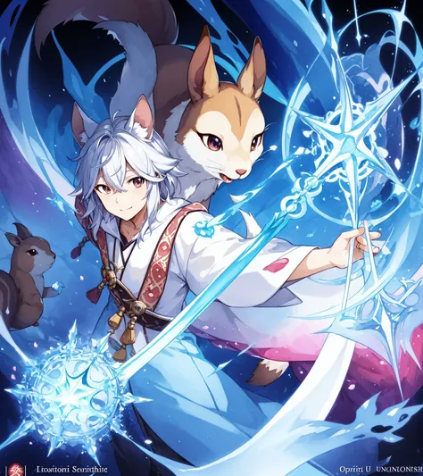 <lora:genshinsplashcharacte_v1:0.5>, anthropomorphic squirrel in the park, sorcerer casting spell, intricate mage robes, enchanted staff, splash screen, swirling background, dynamic camera angle, watercolor anime illustration by Takashi Takeuchi