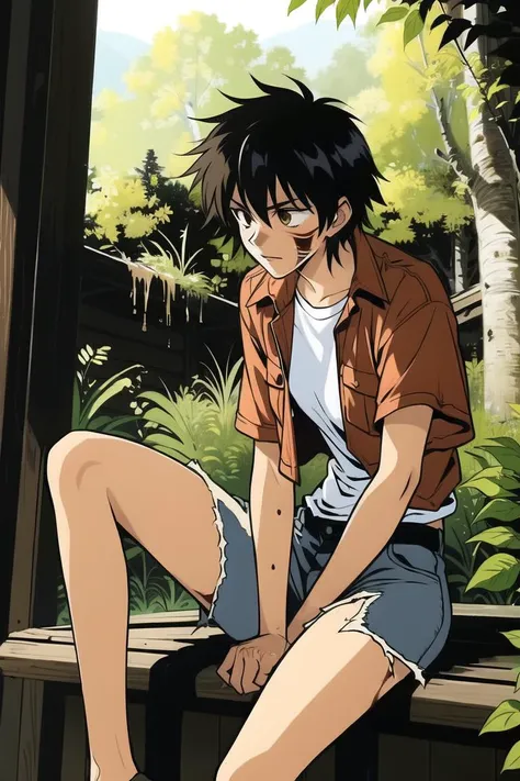 ((best quality)), ((tomboy)) living in the jungle, trees, plants, messy hair, torn clothes, dirty, scars, tired, wood hut, <lora:90sv1.3RW:.6>