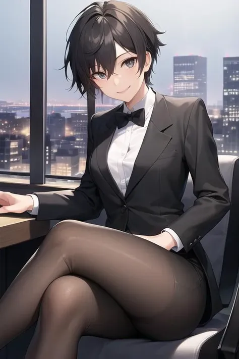 ((best quality)), ((tomboy)) wearing a tuxedo, cityscape, sitting in chair, night, pixie cut, small breasts, black pants, crossed legs, smile, solo, Beautiful Lighting