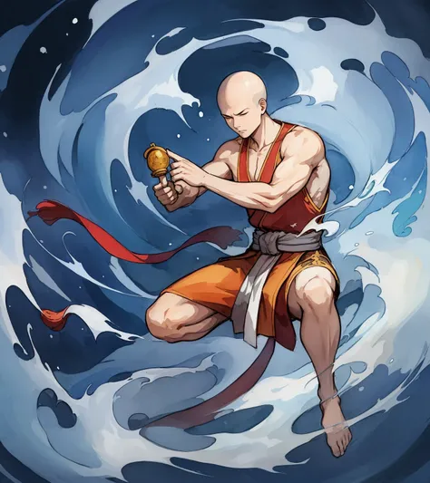 <lora:genshinsplashcharacte_v1:0.5>, kung fu monk meditating at an ancient temple, serene atmosphere, splash screen, swirling background, dynamic camera angle, watercolor anime illustration by Takashi Takeuchi