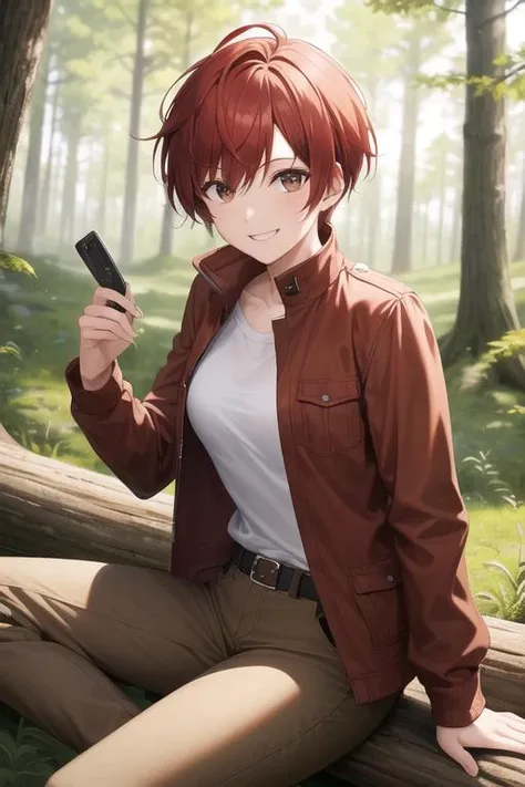 ((best quality)), tomboy camping in the woods, sitting on log, red hair, pixie cut, jacket, brown pants, boots, belt, happy, smile, Beautiful Lighting