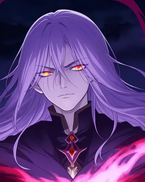 close up portrait of a legendary undead sorcerer at night, burning eyes, ominous atmosphere, bright stars, full blood moon, digital anime illustration by Takashi Takeuchi, dynamic camera angle