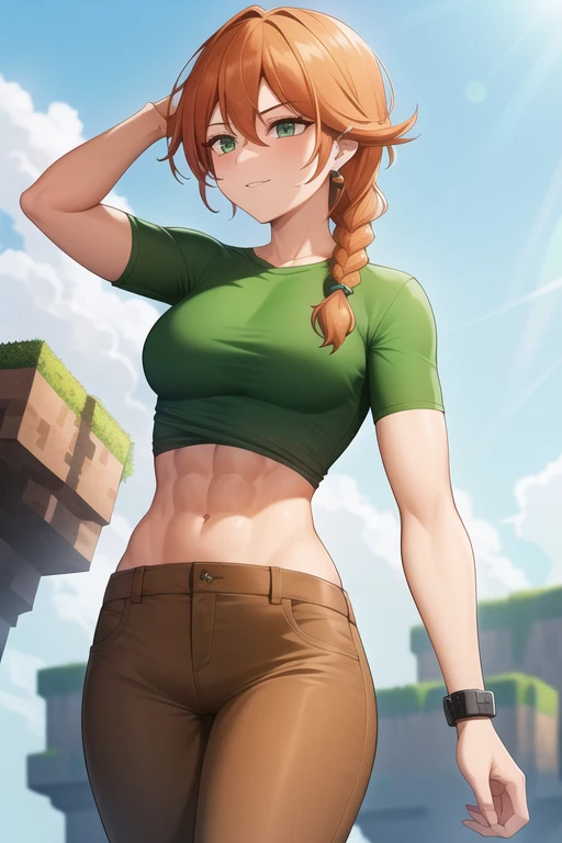 1girl, alex \(minecraft\), green shirt, muscular, abs, ((brown pants)), orange hair, braid, hair over shoulder, solo, best quality, best anatomy