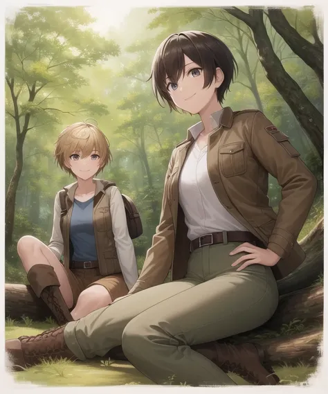 ((best quality)), best anatomy, (epic detail), two tomboys camping in the woods, sitting on log, pixie cut, jacket, brown pants, boots, belt, happy, smile, Beautiful Lighting