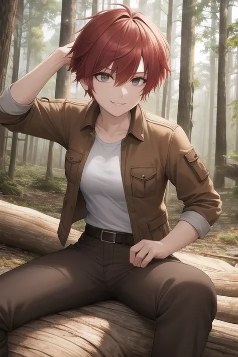 ((best quality)), best anatomy, (epic detail), tomboy camping in the woods, sitting on log, red hair, pixie cut, jacket, brown pants, boots, belt, happy, smile, Beautiful Lighting