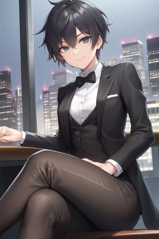 ((best quality)), best anatomy, (epic detail), ((tomboy)) wearing a tuxedo, cityscape, sitting in chair, night, pixie cut, small breasts, black pants, crossed legs, smile, solo, Beautiful Lighting