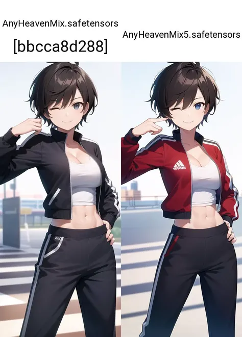 ((best quality)), (epic detail), [busty:not busty :.2] (tomboy:1.3) standing at a park, short hair, track jacket, track pants, (hand on hip:1.2), smile, cleavage, midriff, abs, one eye closed