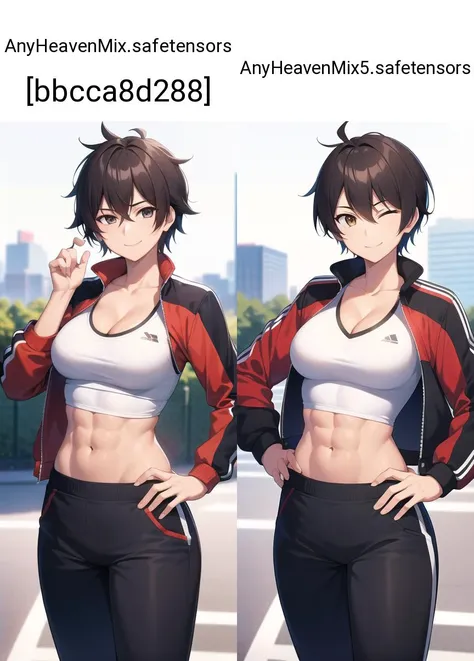 ((best quality)), (epic detail), busty (tomboy:1.3) standing at a park, short hair, track jacket, track pants, (hand on hip:1.2), smile, cleavage, midriff, abs, one eye closed