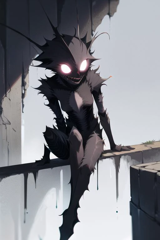 ((best quality)), (epic detail), tomboy sitting on the edge of a wall, dark sky, short hair, spider suit, nice_smile, fangs, creepy, horror, scary, <lora:EvilLoRA:1>