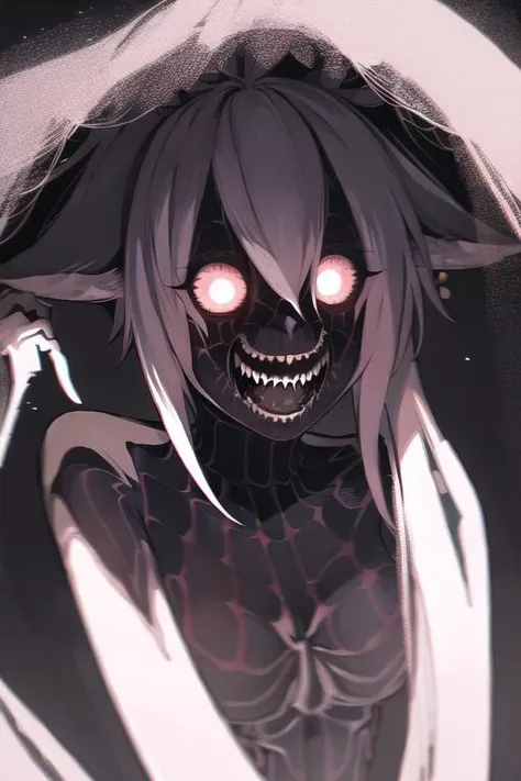 ((best quality)), (epic detail), crazed girl lurking inside a dark cave, dark sky, short hair, (spider hybrid:1.3), nice_smile, (fangs, creepy, horror, scary:1.2), <lora:EvilLoRA:1.3>, sucrosernd, <lora:sucrose1:1>