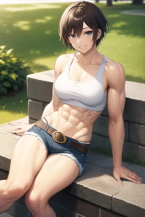 ((best quality)), a muscular (tomboy:1.3) sitting down at a park, (short hair:1.2), (pixie cut:1.1), tank top, denim shorts, belt, breasts, abs, smile