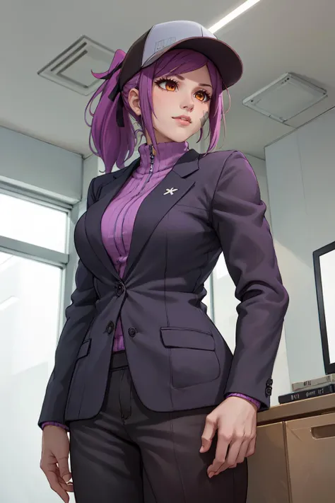 Purple highlights, long hair, intern, dark skin, papers, skirt suit, (((three-piece suit))), (((necktie))), blazer, (((suit jacket))), (((waistcoat))), double-breasted waistcoat, bodycon miniskirt, pencil skirt, office, surprise,floral pattern