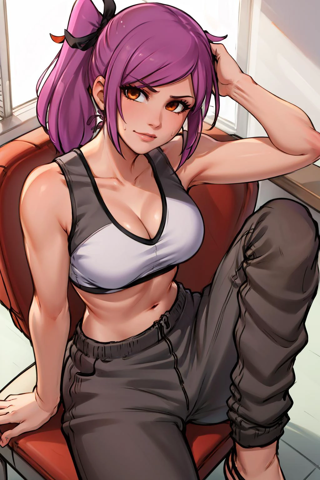 masterpiece, best quality, leah, ponytail, white crop top, sweatpants, cleavage, looking at viewer, from above, furrowed brow, sitting, arms behind head, leaning back, chair <lora:leah-nvwls-v1-000010:1.0>