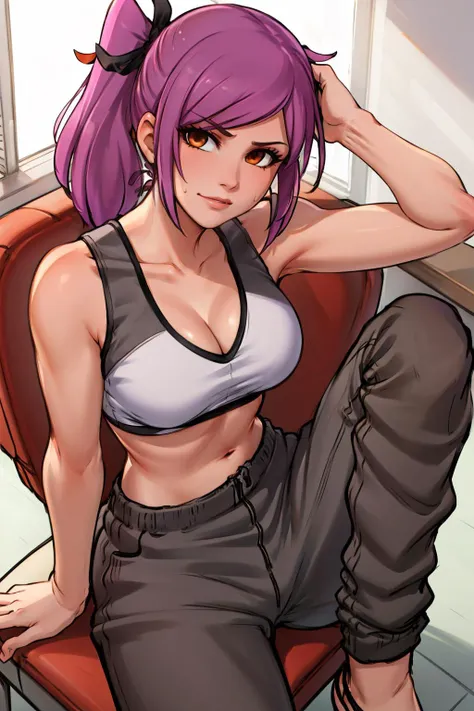 masterpiece, best quality, leah, ponytail, white crop top, sweatpants, cleavage, looking at viewer, from above, furrowed brow, sitting, arms behind head, leaning back, chair <lora:leah-nvwls-v1-000010:1.0>