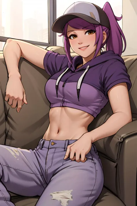 masterpiece, best quality, leah, ponytail, baseball cap, purple hoodie, midriff, short sleeves, jeans, sneakers, lying on couch, relaxing, looking at viewer, smile <lora:leah-nvwls-v1-000010:0.9>