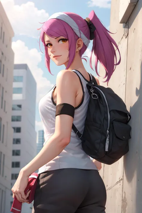 masterpiece, best quality, leah, ponytail, white tank top, sweatband, armband, black sweatpants, sneakers, standing, from side, sweating, from behind, looking at viewer <lora:leah-nvwls-v1-000010:0.9>