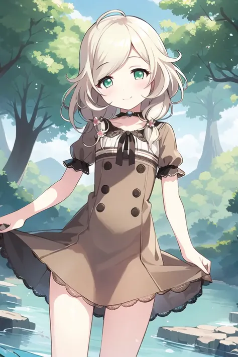 (masterpiece:1.3), (best quality:1.2), (illustration:1.2), 1girl, solo, <lora:kozueYusa:1>, kozue, flat chest, light smile, looking at viewer, brown dress, white puffy short sleeves, white hair, green eyes, outdoors, buttons,