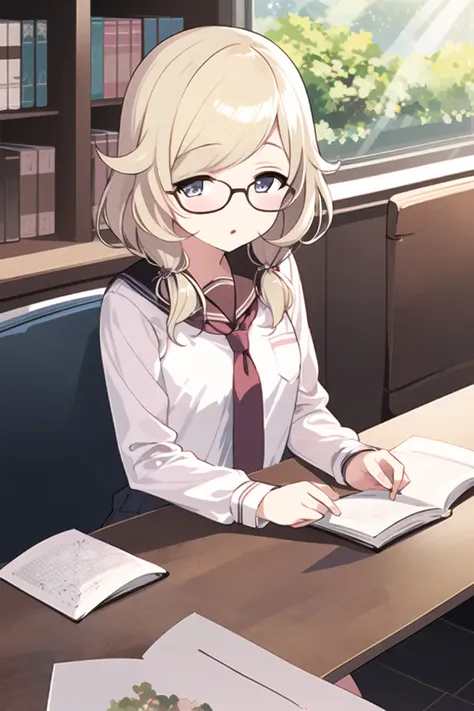 (masterpiece:1.3), (best quality:1.2), (illustration:1.2), 1girl, solo, <lora:kozueYusa:1>, kozue, school uniform, library, dappled sunlight, glasses, white shirt, pov across table,