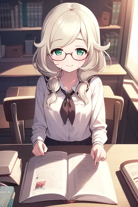 (masterpiece:1.3), (best quality:1.2), (illustration:1.2), 1girl, solo, <lora:kozueYusa:1>, kozue, school uniform, library, glasses, white shirt, pov across table, light smile, looking at viewer, white hair, green eyes,