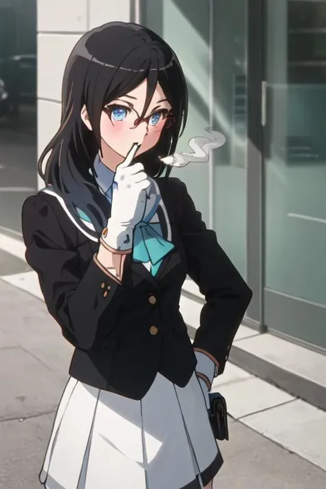 best quality, masterpiece, highres, solo, {black business suit:1.40}, {tie:1.20}, {sunglasses:1.25}, {white gloves:1.15}, {white shirt:1.10}, {black skirt:1.15}, {smoking:1.20}, handsome, {tanaka_asuka_soundeuphonium:1.15}, black_hair, long_hair, glasses, blue_eyes, blush, red-framed_eyewear, serafuku, over-rim_eyewear, semi-rimless_eyewear, closed_mouth, hair_between_eyes