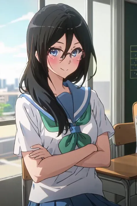 best quality, masterpiece, highres, solo, {tanaka_asuka_soundeuphonium:1.15}, black_hair, long_hair, glasses, blue_eyes, blush, red-framed_eyewear, serafuku, over-rim_eyewear, semi-rimless_eyewear, closed_mouth, hair_between_eyes, 1girl, kitauji_high_school_uniform, looking_at_viewer, school_uniform, smile