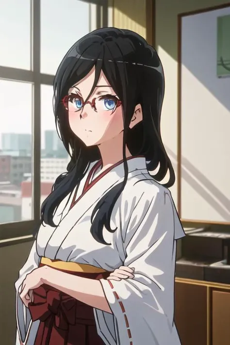 best quality, masterpiece, highres, solo, {white kimono:1.35}, {red hakama:1.35}, {wide sleeves:1.20}, {tanaka_asuka_soundeuphonium:1.15}, black_hair, long_hair, glasses, blue_eyes, blush, red-framed_eyewear, serafuku, over-rim_eyewear, semi-rimless_eyewear, closed_mouth, hair_between_eyes