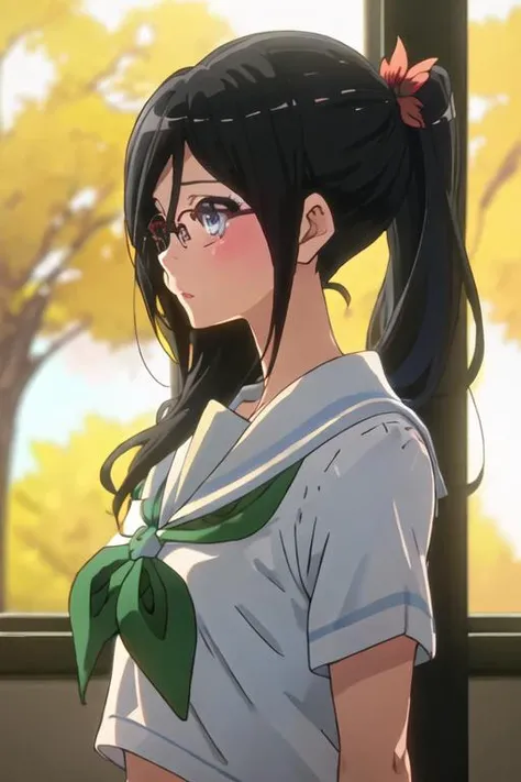 best quality, masterpiece, highres, solo, {tanaka_asuka_soundeuphonium:1.15}, black_hair, long_hair, glasses, blue_eyes, blush, red-framed_eyewear, serafuku, over-rim_eyewear, semi-rimless_eyewear, closed_mouth, hair_between_eyes, 1girl, hair_ornament, ponytail, school_uniform, profile, flower, hair_flower, lips