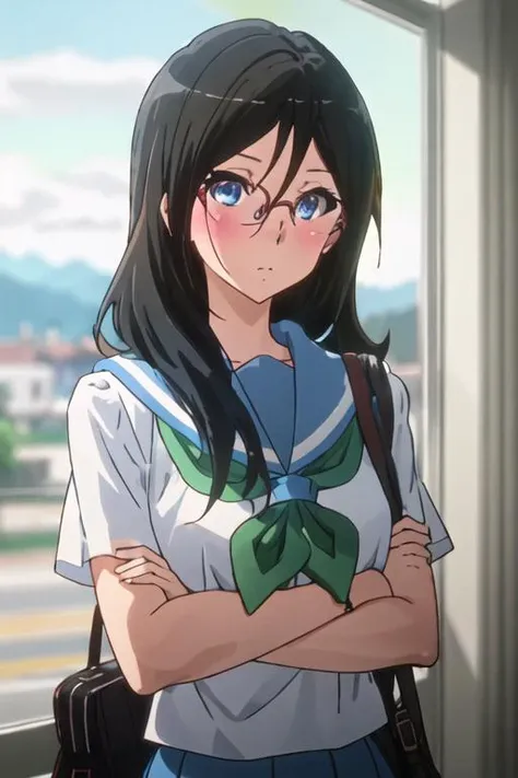 best quality, masterpiece, highres, solo, {tanaka_asuka_soundeuphonium:1.15}, black_hair, long_hair, glasses, blue_eyes, blush, red-framed_eyewear, serafuku, over-rim_eyewear, semi-rimless_eyewear, closed_mouth, hair_between_eyes, 1girl, green_neckerchief, kitauji_high_school_uniform, opaque_glasses, school_uniform, neckerchief