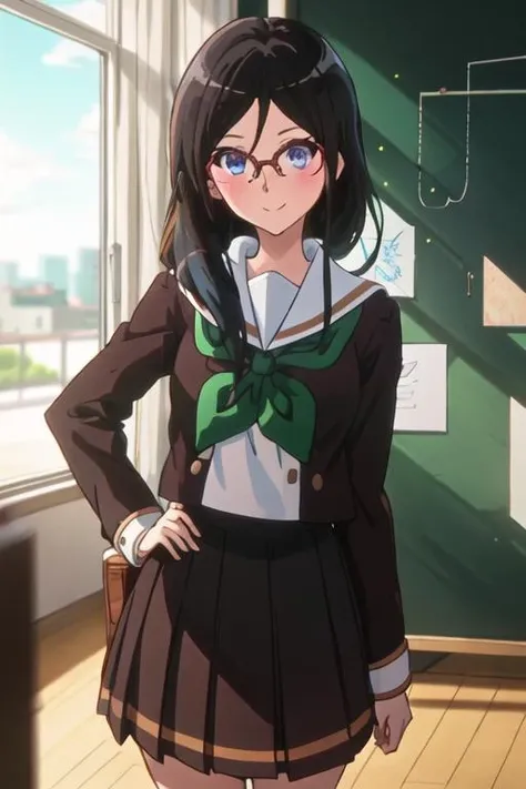 best quality, masterpiece, highres, solo, {tanaka_asuka_soundeuphonium:1.15}, black_hair, long_hair, glasses, blue_eyes, blush, red-framed_eyewear, serafuku, over-rim_eyewear, semi-rimless_eyewear, closed_mouth, hair_between_eyes, 1girl, green_neckerchief, kitauji_high_school_uniform, long_sleeves, neckerchief, pleated_skirt, sailor_collar, school_uniform, skirt, standing, brown_shirt, brown_skirt, shirt, smile, looking_at_viewer, indoors, white_sailor_collar, bangs