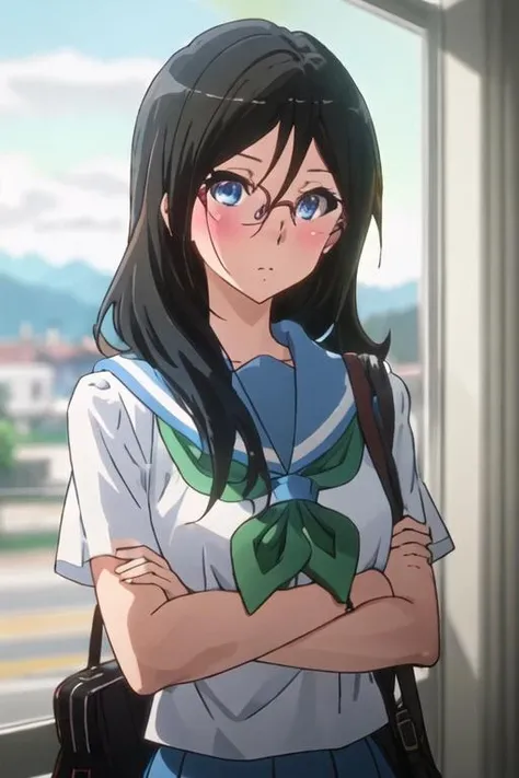 best quality, masterpiece, highres, solo, {tanaka_asuka_soundeuphonium:1.15}, black_hair, long_hair, glasses, blue_eyes, blush, red-framed_eyewear, serafuku, over-rim_eyewear, semi-rimless_eyewear, closed_mouth, hair_between_eyes, 1girl, green_neckerchief, kitauji_high_school_uniform, opaque_glasses, school_uniform, neckerchief